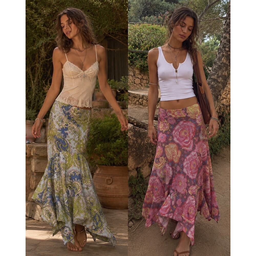 Vintage Y2K Reversible Floral Paisley Print Flouncy Fairycore Maxi Skirt Size Lg